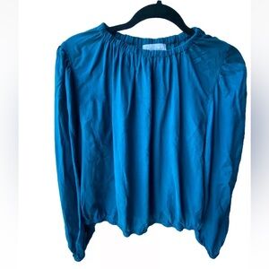 Bella Dahl Elasticized Crew Neck Shirred Top Women's M Teal Long Sleeve